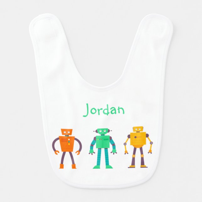 Cute Little Robots Custom Name Baby Bib (Front)