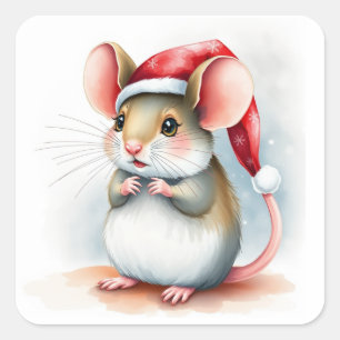 Cute Little Santa Mouse Whimsical Christmas Square Sticker