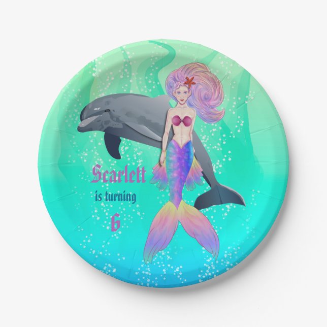 Cute Little Sea Mermaid Girl with Dolphin Birthday Paper Plates (Front)