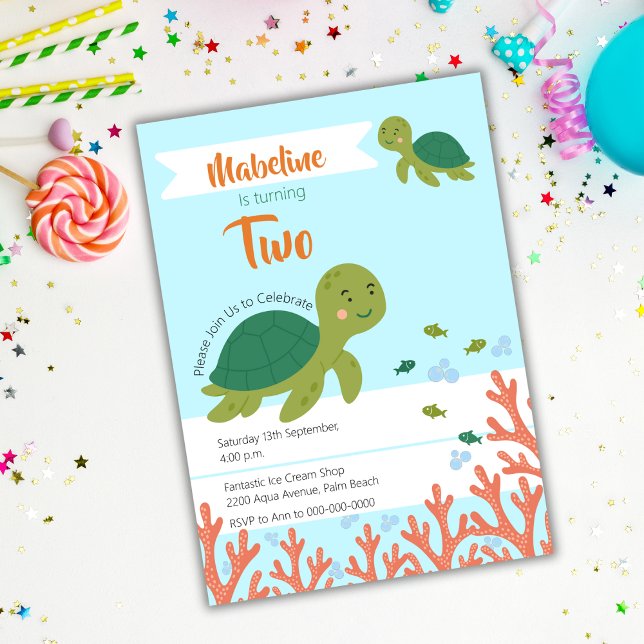 Cute Little Sea Turtle & Birthday Party Invitation (Creator Uploaded)