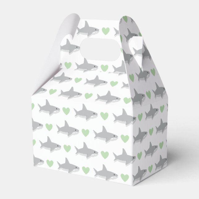 Cute Little Shark Cartoon Green Heart Favor Boxes (Front Side)