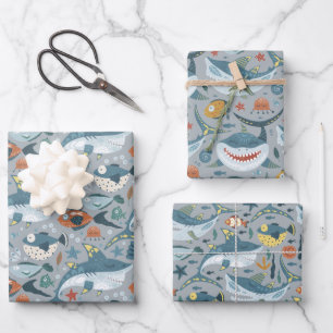 Cute Little Shark Under The Sea Birthday Boy Wrapping Paper Sheets