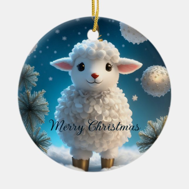 Cute Little Sheep Lamb Religious Christmas Ceramic Ornament (Front)