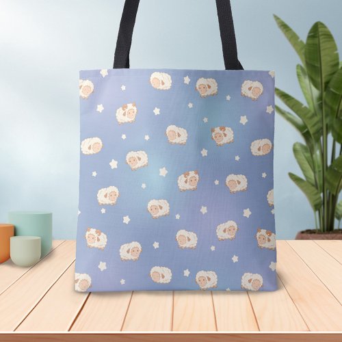 Cute Little Sheep Pattern on Blue Tote Bag
