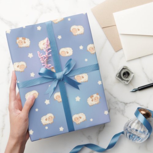 Cute Little Sheep Pattern on Blue Wrapping Paper