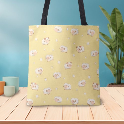 Cute Little Sheep Pattern on Yellow Tote Bag