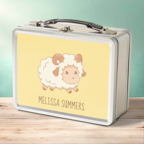 Cute Little Sheep Ram on Yellow Metal Lunch Box