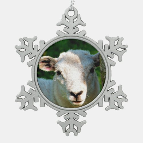 CUTE LITTLE SHEEP SNOWFLAKE PEWTER CHRISTMAS ORNAMENT