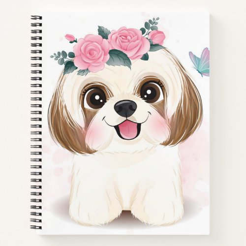 Cute little shih tzu with floral illustration notebook