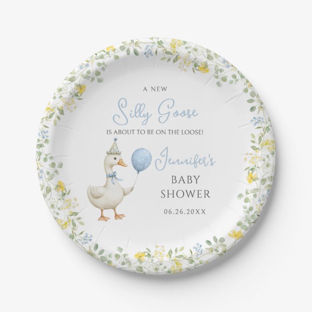 Cute Little Silly Goose Baby Boy Shower Paper Plates (Front)