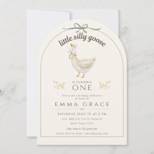 Cute Little Silly Goose Sage Green First Birthday Invitation
