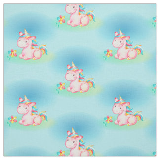 Cute Little Sitting Pink Unicorn Fabric
