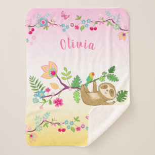 Cute little sloth on pink and yellow background sherpa blanket