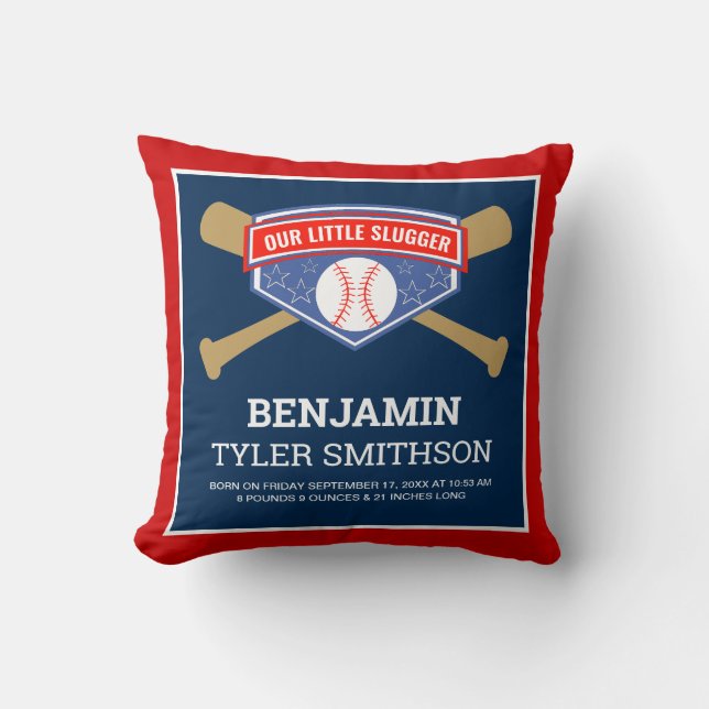 Cute Little Slugger Baseball Baby Birth Stats Throw Pillow (Front)