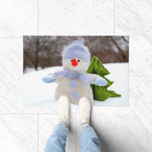 Cute Little Snowman in Blue Hat Doormat