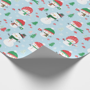 Cute Little Snowmen with xmas trees on light blue Wrapping Paper