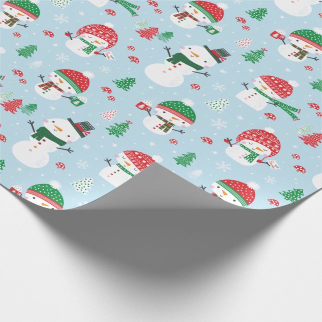 Cute Little Snowmen with xmas trees on light blue Wrapping Paper (Corner)