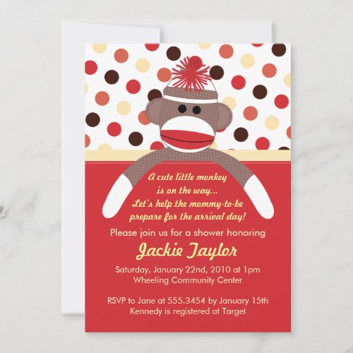 Cute Little Sock Monkey Baby Shower Invitation