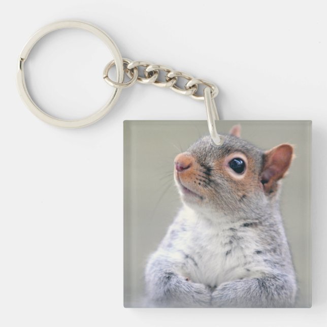 Cute Little Soft and Fluffy Gray Squirrel Keychain (Front)