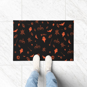 Cute Little Spooky Ghost Black Orange Halloween Doormat