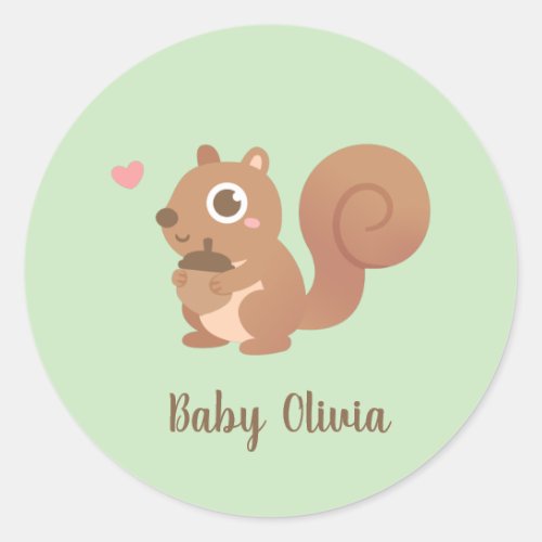 Cute Little Squirrel Holding Acorn Kids Name Classic Round Sticker