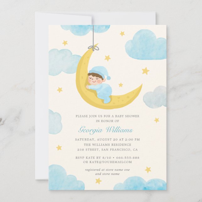 Cute Little Star Moon Watercolor Baby Shower Invitation (Front)