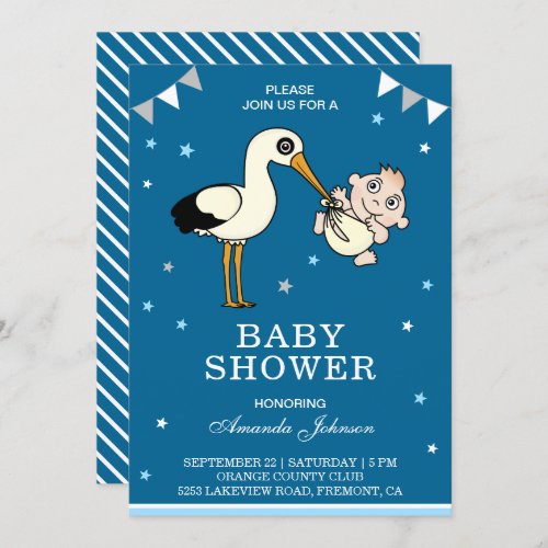 Cute Little Stork Baby Boy Baby Shower Invitation