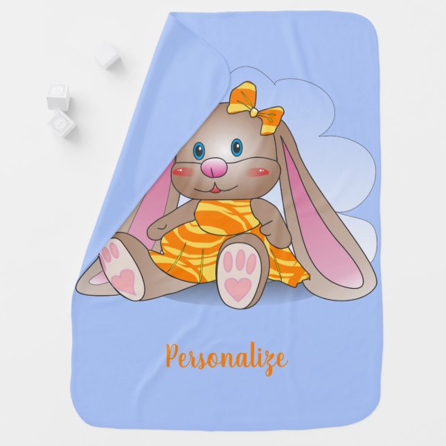 Cute Little Stuffed Bunny Rabbit Blue Personalized Baby Blanket (In Situ)