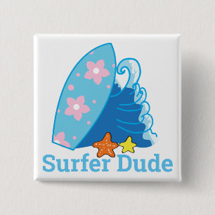 Cute Little Surfer Dude Surfboard and Wave Button