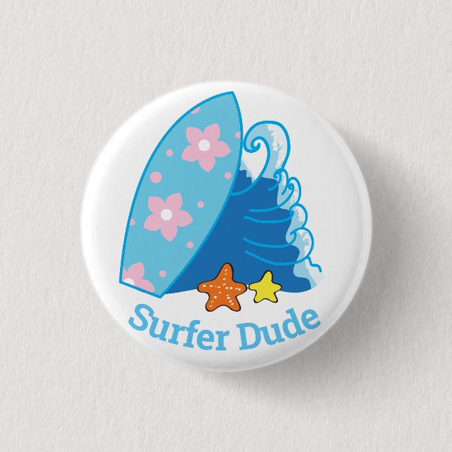 Cute Little Surfer Dude Surfboard and Wave Button (Front)