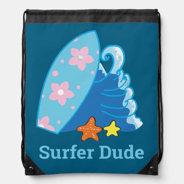 Cute Little Surfer Dude Surfboard and Wave Drawstring Bag (Front)
