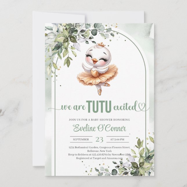 Cute little swan with gold tutu dress greenery invitation (Front)