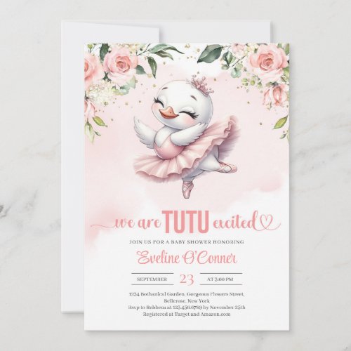Cute little swan with pink tutu dress gold splash invitation