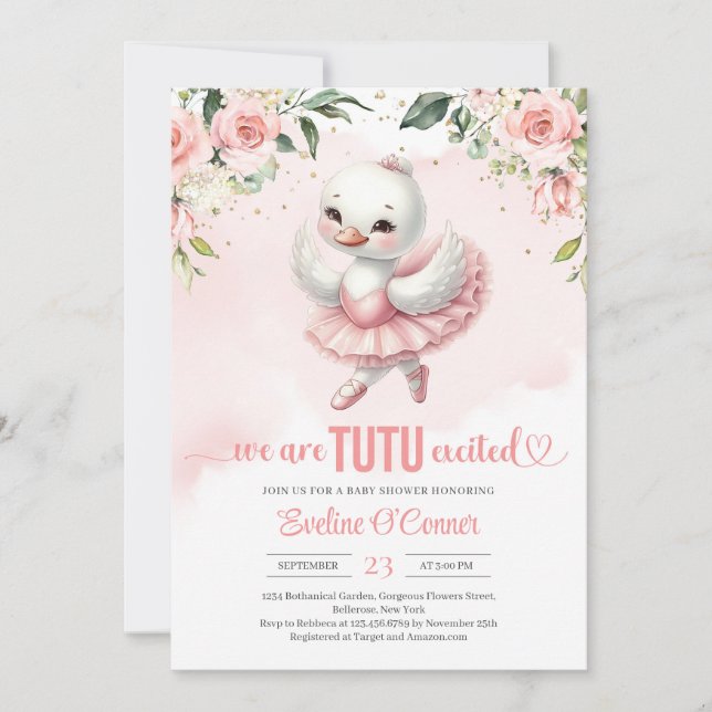 Cute little swan with tutu dress gold sparkles invitation (Front)
