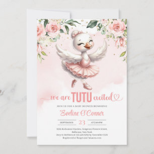 Cute little swan with tutu dress gold sparkles invitation