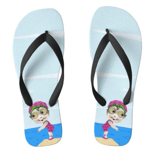 Cute Little Swimmer Girl Googly Eyes Pink Flip Flops