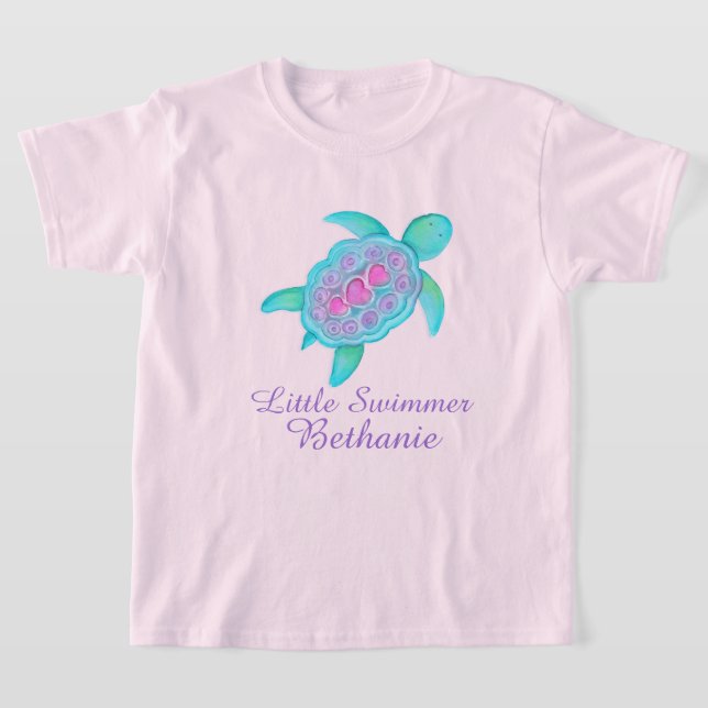 Cute little swimmer girls pink aqua turtle t-shirt (Laydown)