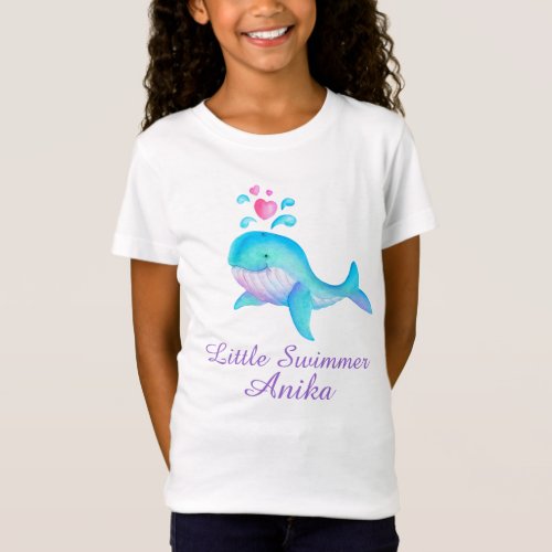 Cute little swimmer girls pink aqua whale t_shirt