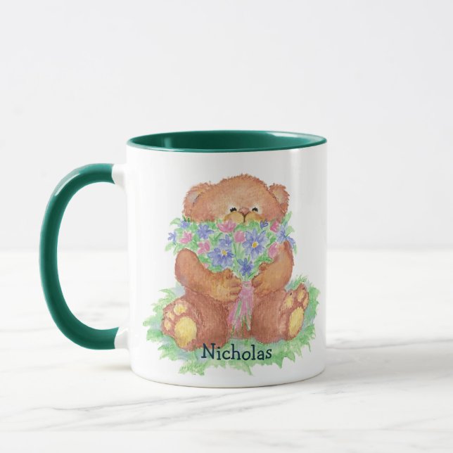 Cute Little Teddy Bear Bouquet Flowers Floral Mug (Left)