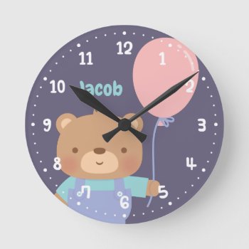 Cute Little Teddy Bear With Balloon  Baby Nursery Round Clock by RustyDoodle at Zazzle
