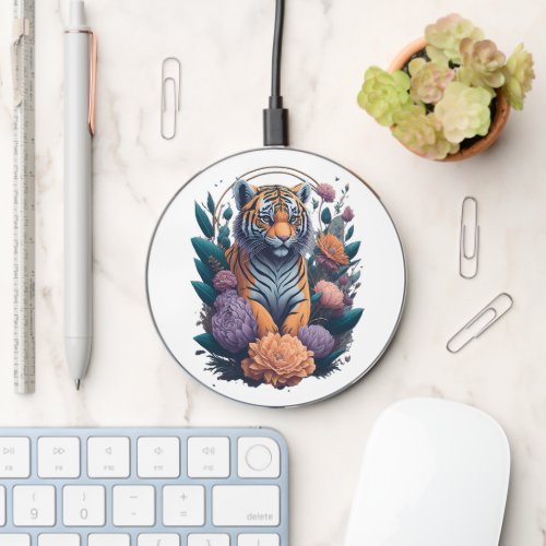 Cute little Tiger cub with flowers Wireless Charger