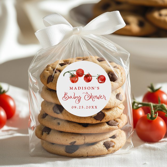 Cute Little Tomato Baby Shower Classic Round Sticker (Creator Uploaded)