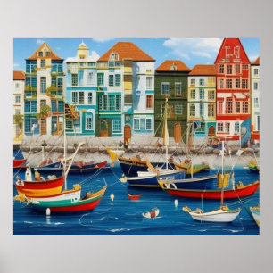 Cute Little Tourist town Modern harbour fantasy  Poster