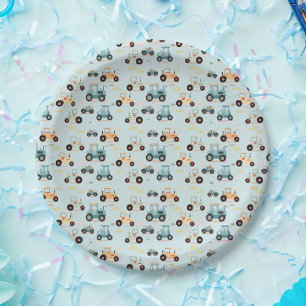 Cute little tractor pattern blue Paper Napkin Plates