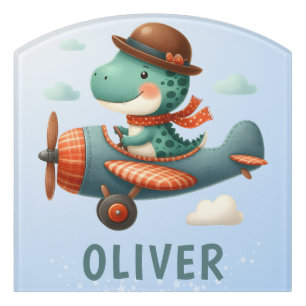 Cute Little Trex Dinosaur Flying Airplane Door Sign