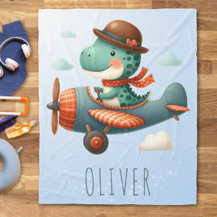 Cute Little Trex Dinosaur Flying Airplane Fleece Blanket