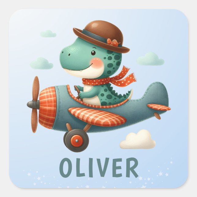 Cute Little Trex Dinosaur Flying Airplane Square Sticker (Front)