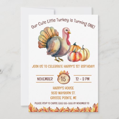 Cute Little Turkey Kids Children Birthday Party Invitation