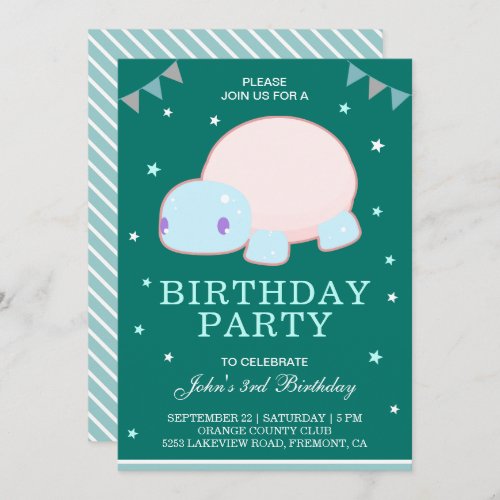 Cute Little Turtle Kids Birthday Party Invitation