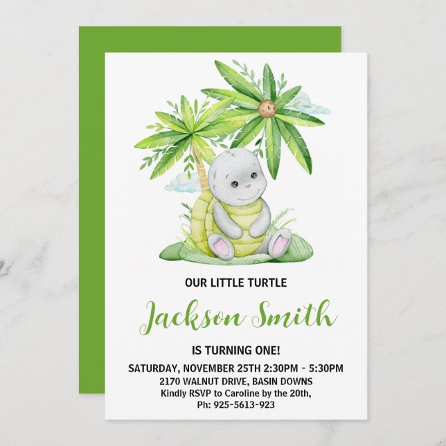 Cute Little Turtle Watercolor Birthday Party Invitation (Front/Back)